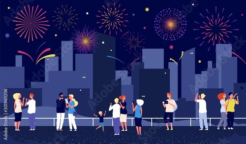 City fireworks. People celebrate on street and watching fireworks. Happy vector men women child, night pyrotechnic show in downtown. Fireworks holiday, party city celebrate illustration