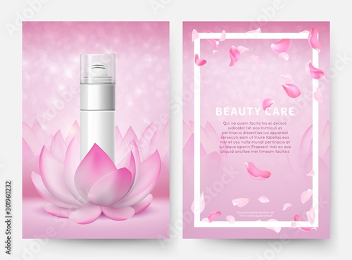 Cosmetic banners. Skin care cosmetic vector flyers template. Shaving foam bottle sprayer container in lotus flower and pink flying petals. Skin cream cosmetic, bottle advertisement illustration