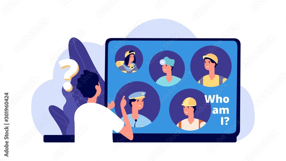 Career choice. Career opportunities illustration. Young man chooses profession. Vector student looking for work in laptop. Ways to career and job Career choice. Career opportunities illustration. Young man chooses profession. Vector student looking for work in laptop. Ways to career and job