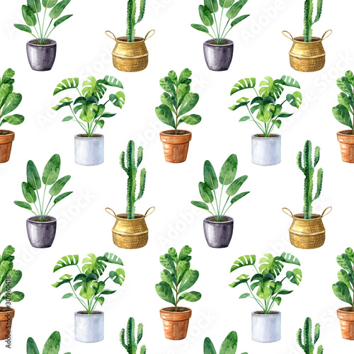 Watercolor seamless pattern with home plants in clay pots and straw basket. Monstera, ficus, cactus, sansevieria. Texture for fabrics, wallpapers, wrapping paper.