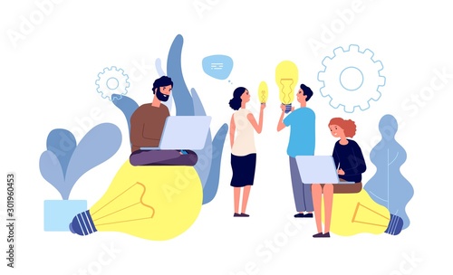 Differet ideas. People have ideas vector concept. Innovation, teamwork, startup. Young people characters with giant light bulbs, laptop. Illustration leadership with idea, team success brainstorming