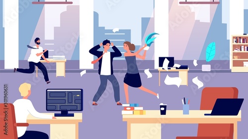 Office brawl. Chaos in workplace. Negative employees in office. Bad organization control, business corporate vector illustration. Office business battle, brawl on workplace, quarrel and fight