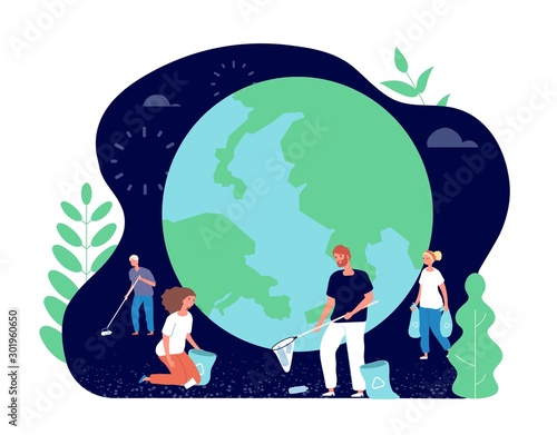 People collecting garbage. Volunteers cleaning environment nature. Ecology and clean planet vector concept. Happy young people characters, zero waste. People collect waste illustration