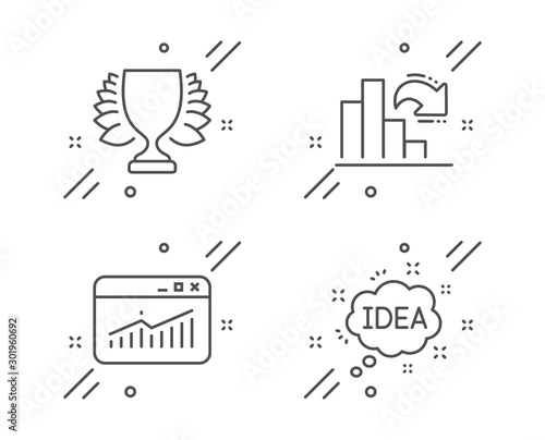 Winner, Website statistics and Decreasing graph line icons set. Idea sign. Sports achievement, Data analysis, Column chart. Creative message. Education set. Line winner outline icon. Vector