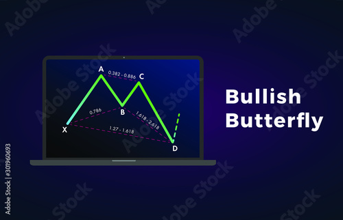 Bullish Butterfly - Harmonic Patterns with bullish formation price figure, chart technical analysis. Vector stock, cryptocurrency graph, forex analytics, trading market price breakouts icon