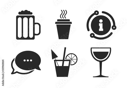 Take away coffee cup and glass of beer symbols. Chat, info sign. Drinks icons. Wine glass and cocktail signs. Classic style speech bubble icon. Vector