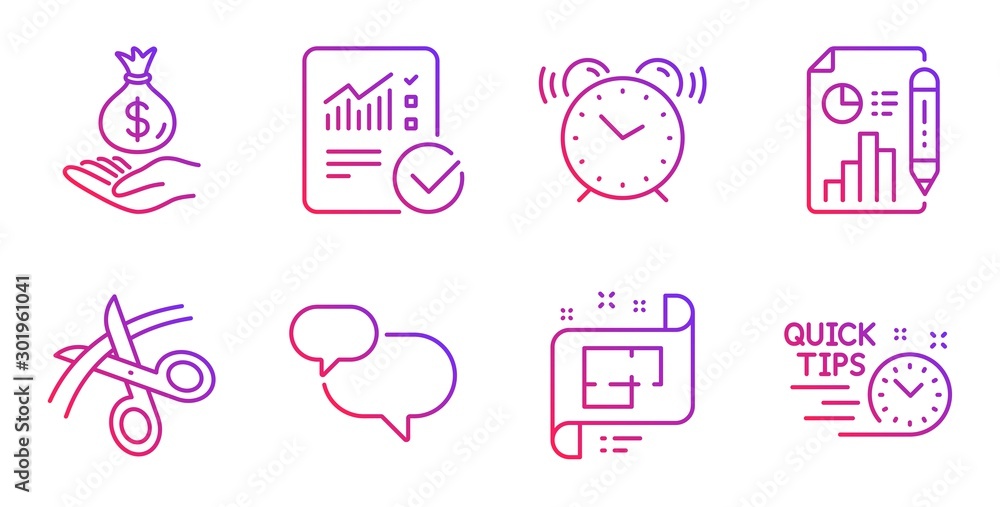 Alarm clock, Checked calculation and Income money line icons set. Scissors, Architectural plan and Chat message signs. Report document, Quick tips symbols. Time, Statistical data. Vector Alarm clock, Checked calculation and Income money line icons set. Scissors, Architectural plan and Chat message signs. Report document, Quick tips symbols. Time, Statistical data. Vector