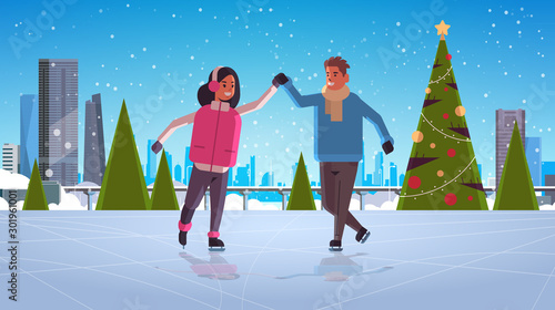 couple skating on ice rink winter sport activity recreation at holidays concept man woman holding hands spending time together snowfall cityscape background full length horizontal vector illustration