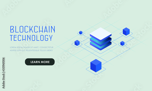 Blockchain technology, smart chain decentralized secure storage vector web template or landing page concept illustration. Abstract isometric blocks connected to each other by one line.