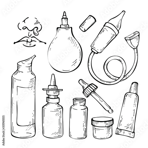 Hand drawn Sketch Set medicines for colds, aspirator, nose drops and nasal spray. 