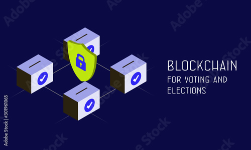Blockchain online voting and election balloting boxes with digital transaction in secure online chain. Vector illustration blockchain vote concept isolated on dark background