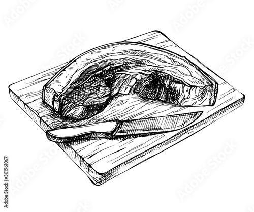 Sketch fresh raw pork , beef piece. Hand drawn sliced pork , beef belly on wooden board. detailed ink meat illustration