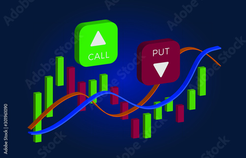 Binary Option - Call and Put Buttons with up and down arrows and price candles chart. Currency exchange market price with green and red bars.