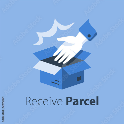 Delivering shop order, open box and hand, pick up pint, give away parcel