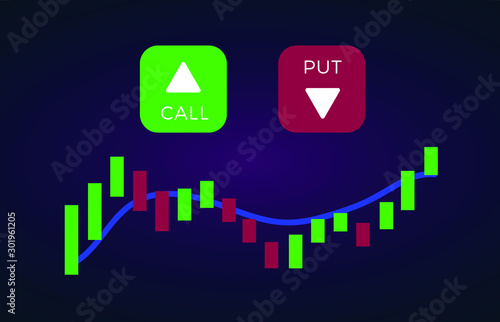 Binary Option with Put and Call Buttons with down and up arrows. Currency exchange market price with green and red candles.