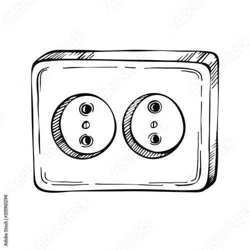 Sketch Empty electric socket. Cartoon, hand drawn  unplugged european wall outlet , sketch style, isolated on white background.