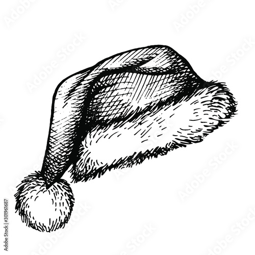 Hand drawn Sketch of  Santa Hat. Doodle ink santa hat or sleeping cap