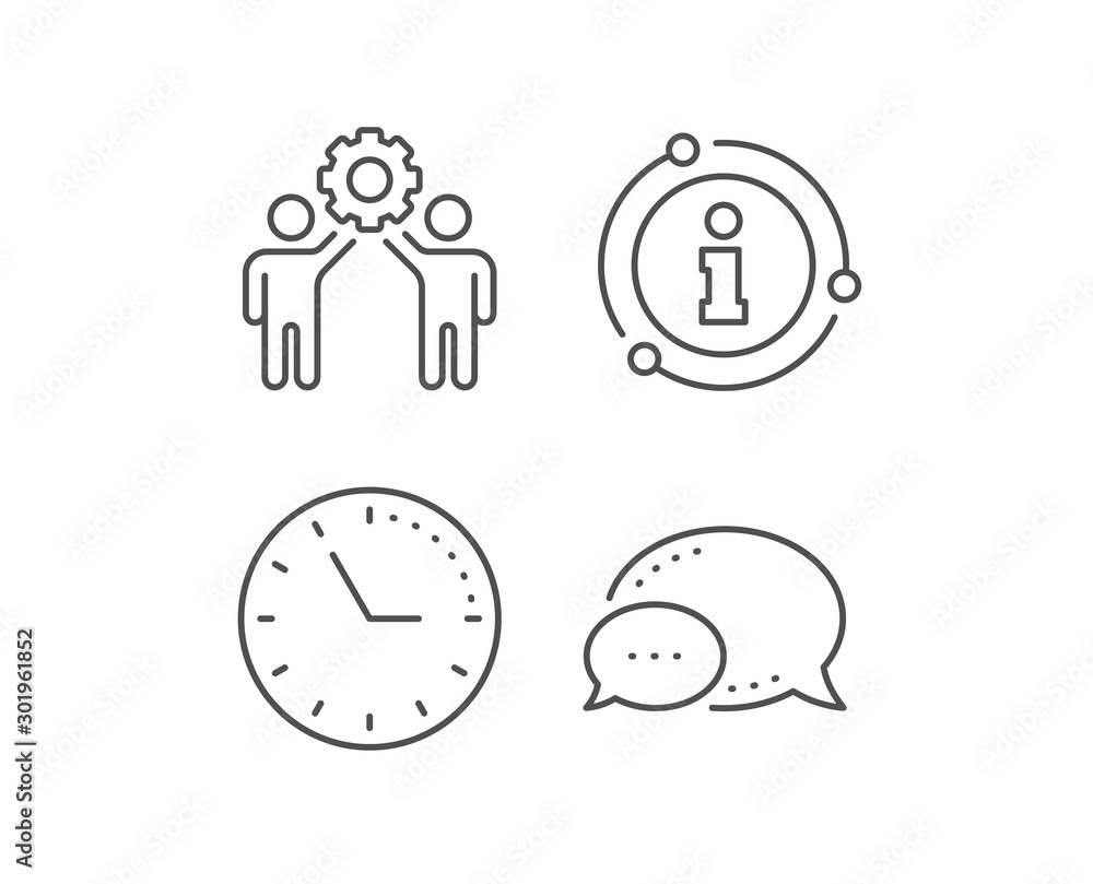 Employees teamwork line icon. Chat bubble, info sign elements. Collaboration sign. Development partners symbol. Linear employees teamwork outline icon. Information bubble. Vector