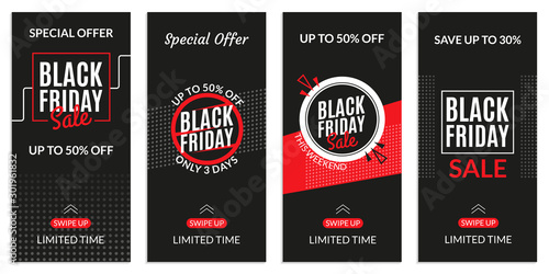 Black Friday sale banner template for Social media stories. Price off discount background for mobile phone. Vector illustration.