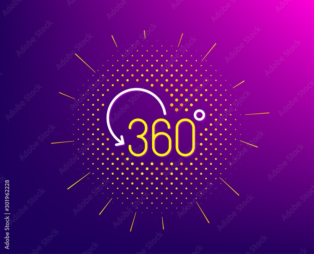 360 degree line icon. Halftone pattern. Full rotation sign. VR technology simulation symbol. Gradient background. Full rotation line icon. Yellow halftone pattern. Vector