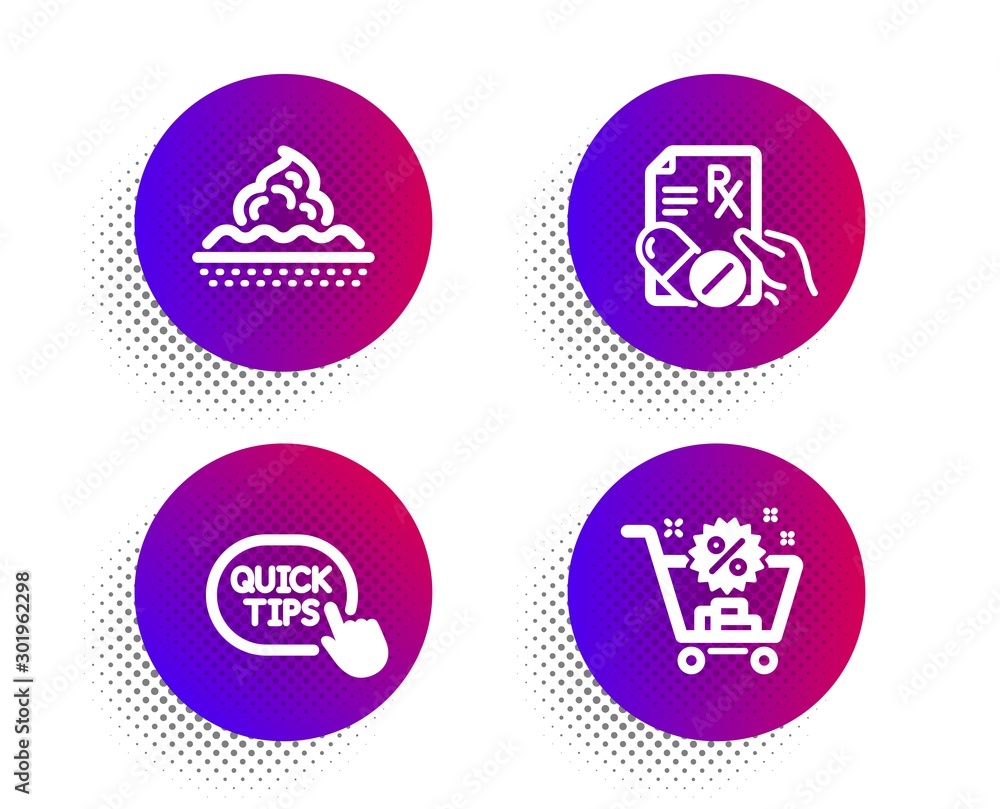 Prescription drugs, Quick tips and Skin care icons simple set. Halftone dots button. Shopping cart sign. Pills, Helpful tricks, Face cream. Discount. Business set. Vector