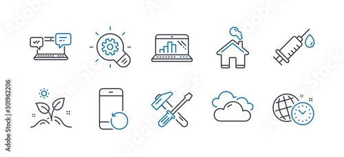 Set of Business icons, such as Recovery phone, Graph laptop, Cloudy weather, Cogwheel, Internet chat, Grow plant, Home, Hammer tool, Medical syringe, Time management line icons. Vector