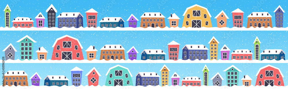 cute houses in winter season snowy town street merry christmas happy new year poster holiday celebration concept greeting card horizontal vector illustration
