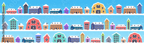 cute houses in winter season snowy town street merry christmas happy new year poster holiday celebration concept greeting card horizontal vector illustration