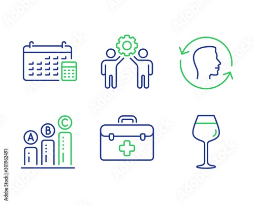 Face id, Employees teamwork and Graph chart line icons set. First aid, Calendar and Bordeaux glass signs. Identification system, Collaboration, Growth report. Medicine kit. Vector