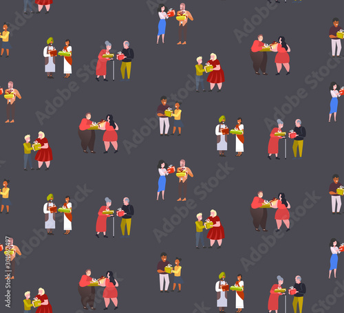 mix race couples giving gift present boxes to each other merry christmas happy new year winter holidays celebration concept seamless pattern full length vector illustration