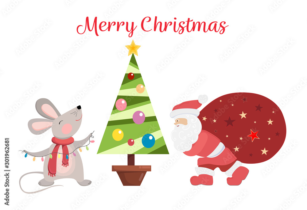 Christmas vector set with the mouse, santa claus, сhrismas tree. Christmas vector set with the mouse, santa claus, сhrismas tree.