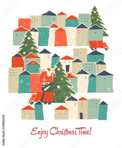 Enjoy Christmas time. Happy New year and a very Merry Christmas. Greeting postcard in a colorful design with snowflakes and winter town