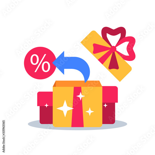 Special reward, prize giveaway, loyalty present, percentage sign, incentive or perks, bonus program