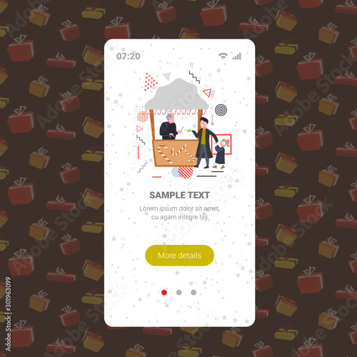 father with daughter buying lollipop candy in sweetmeats stall christmas market winter fair concept happy new year merry xmas holidays smartphone screen online mobile app full length sketch vector