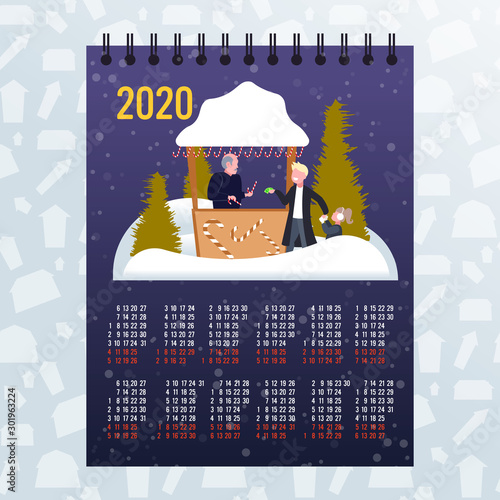 father with daughter buying lollipop candy in sweetmeats stall christmas market winter fair concept 2020 moon calendar full length sketch vector illustration