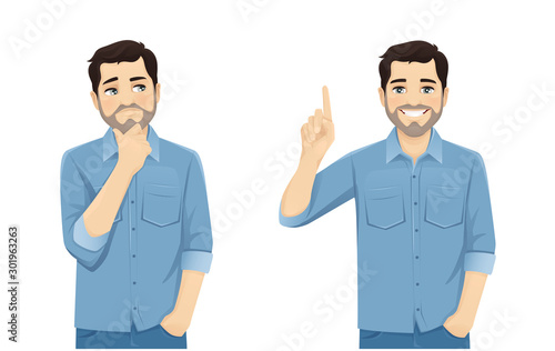 Handsome man in casual clothes thinking looking away and making idea pointing up isolated on white background vector illustration