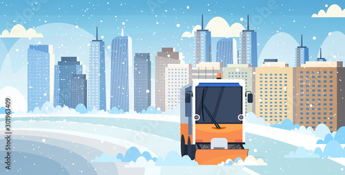 snow plow truck cleaning city road afrer snowfall winter snow removal concept modern cityscape background horizontal vector illustration