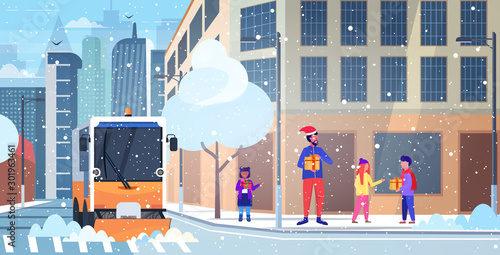 snow plow truck cleaning city road afrer snowfall winter snow removal concept modern cityscape background horizontal vector illustration