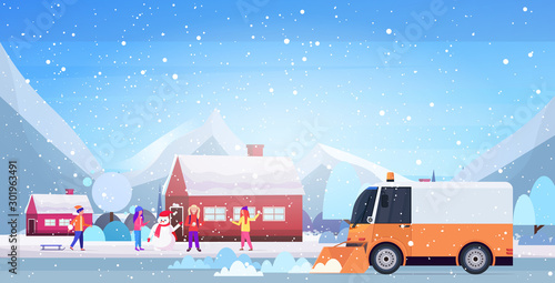 snow plow truck cleaning street afrer snowfall winter snow removal concept countryside landscape background horizontal vector illustration