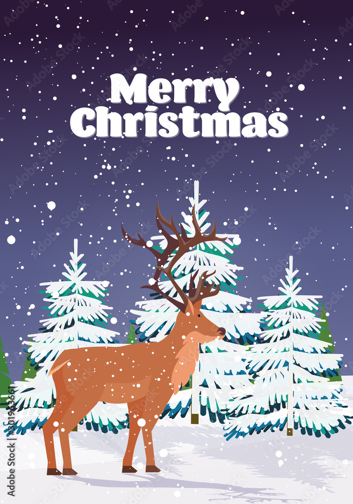 cartoon reindeer standing in winter forest cute deer animal greeting card merry christmas happy new year holidays congratulation lettering vertical vector illustration cartoon reindeer standing in winter forest cute deer animal greeting card merry christmas happy new year holidays congratulation lettering vertical vector illustration