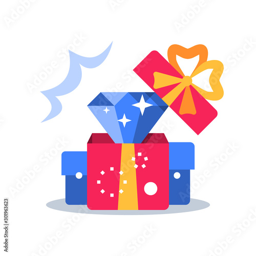Open box, surprise gift and diamond, special reward, prize giveaway, loyalty present, creative idea