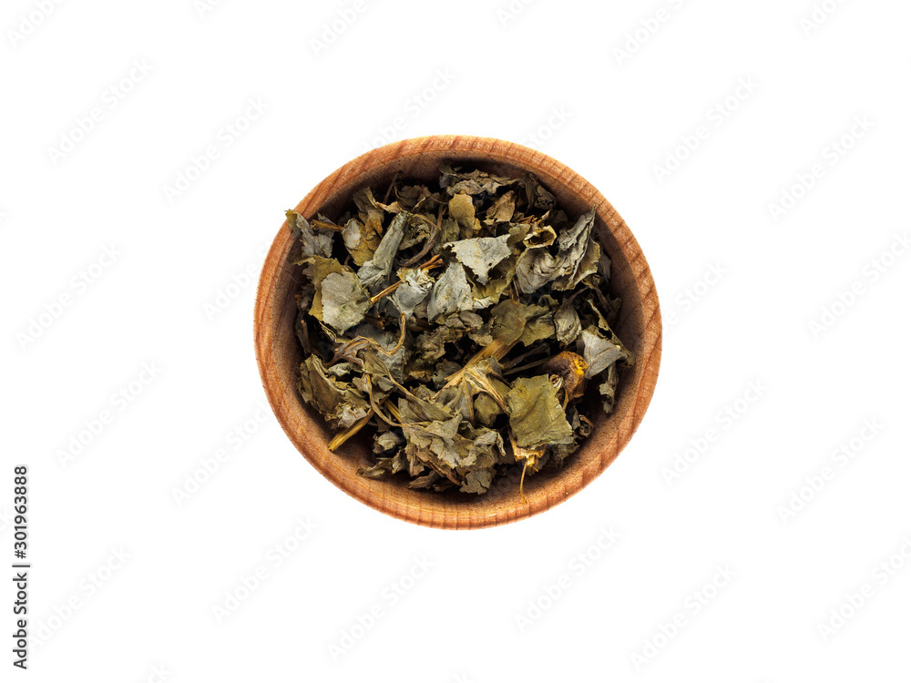 Dry Chelidonium in wooden Cup on white background Dry Chelidonium in wooden Cup on white background