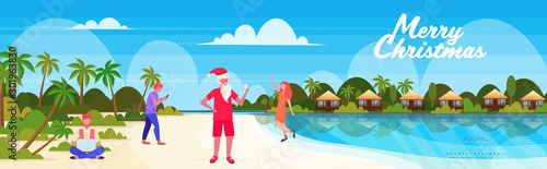 people on tropical beach new year christmas vacation holiday men women using gadgets seascape background greeting card horizontal vector illustration