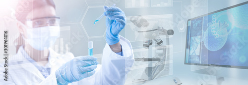 scientist holding a test tube in a scientific background, 3d illustration