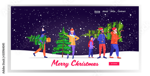 people carrying freshly cut down christmas tree winter holidays celebration concept snowfall landscape background greeting card horizontal full length vector illustration