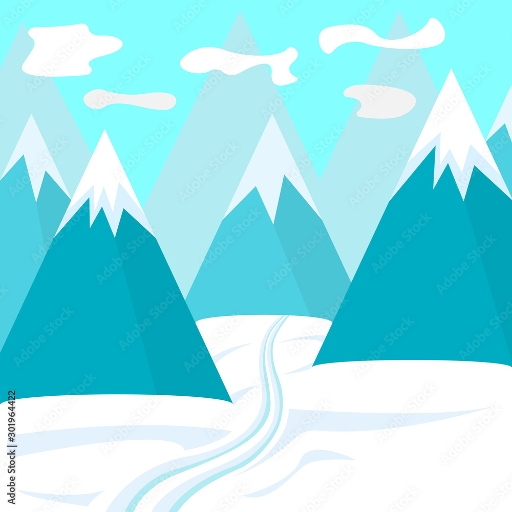 Winter Poster. Natural Landscape Concept. Greeting Winter, Christmas and Xmas Card. Symbol, Logo and Badge for Web Banners. Cartoon Vector illustration