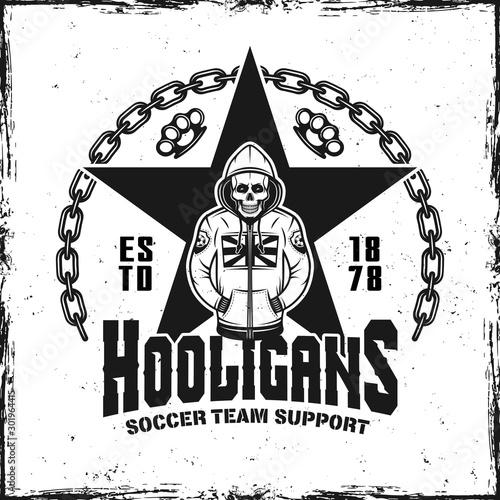 Hooligans vintage emblem with skeleton in hoodie