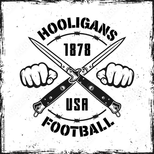 Football hooligans vintage emblem with two knives