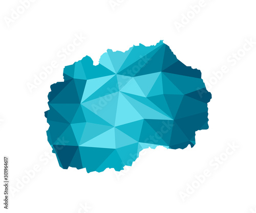 Vector isolated illustration icon with simplified blue silhouette of North Macedonia map. Polygonal geometric style, triangular shapes. White background