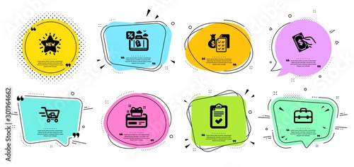 Shopping cart, Travel loan and Portfolio line icons set. Chat bubbles with quotes. Loyalty card, Checklist and Accounting wealth signs. Pay money, New star symbols. Vector